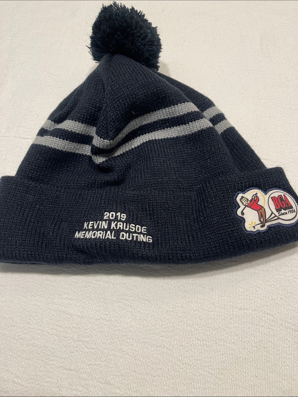 Kevin Krusoe Memorial Outing Pom Beanie Hat - Black with Gray Stripes